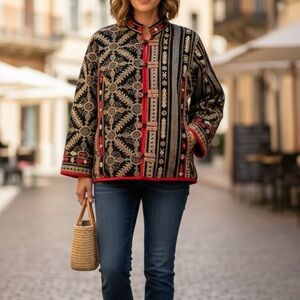 Chico’s Black Embroidered Jacket Red Gold Boho Festival Oriental Style Women’s M